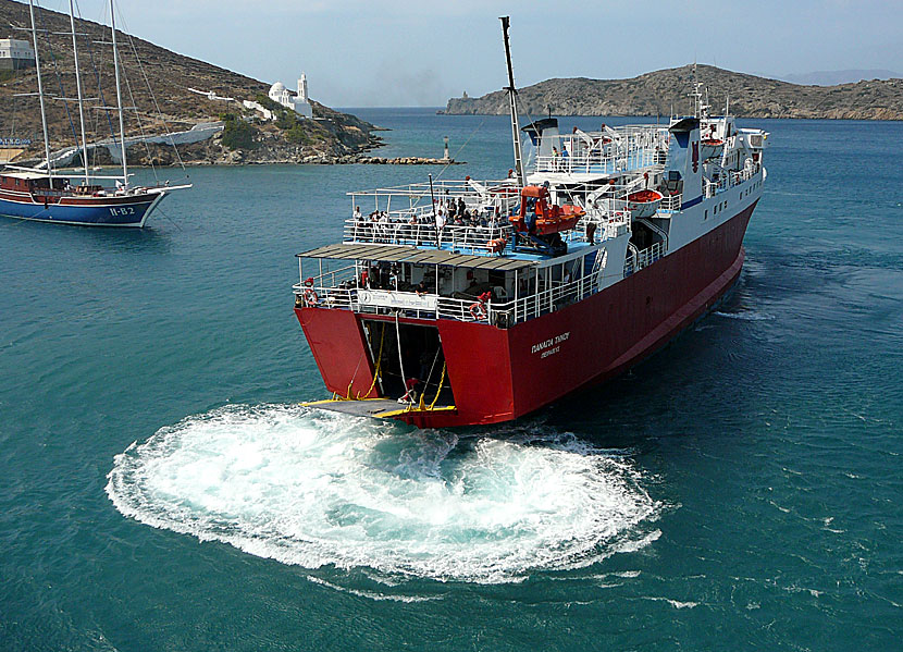 Greek ferries, boats and catamarans. Panagia Tinou. Ormos port. Ios island.