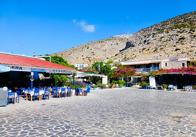Bra tavernor och restauranger på torget i Rina på Kalymnos i ögruppen Dodekaneserna. 
