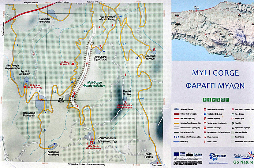 Karta över Mili Gorge på Kreta.