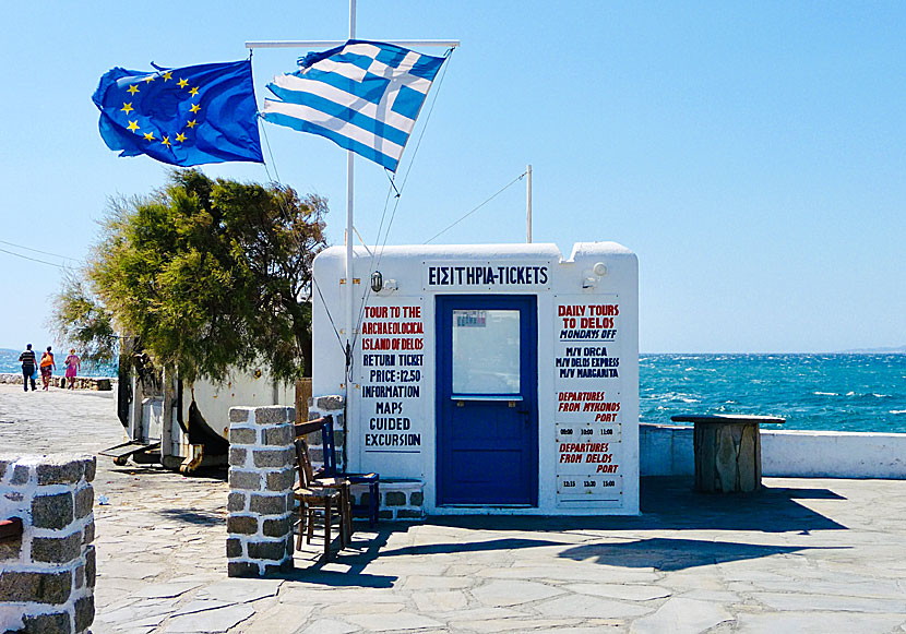 Köpa biljett till utflyktsbåt och guidad tur på Mykonos grannö Delos.