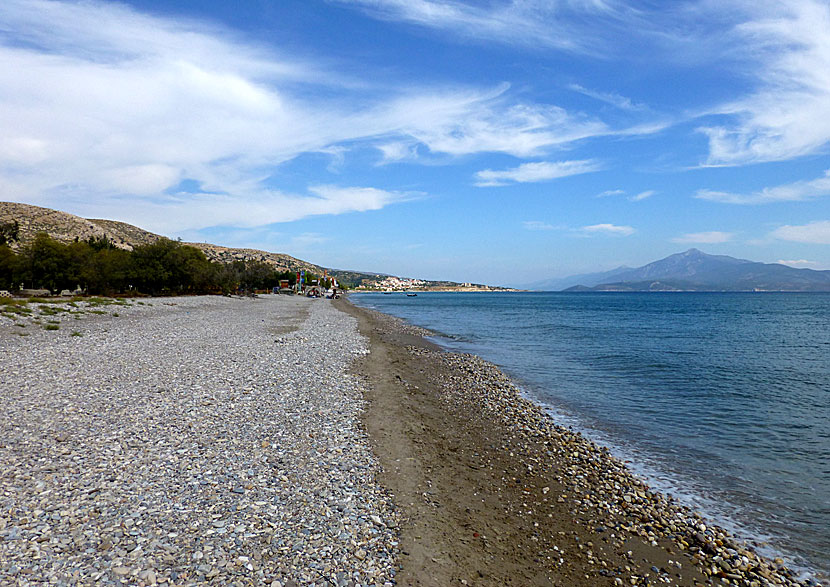Mykali beach nära sandstranden Psili Amos i på Samos.