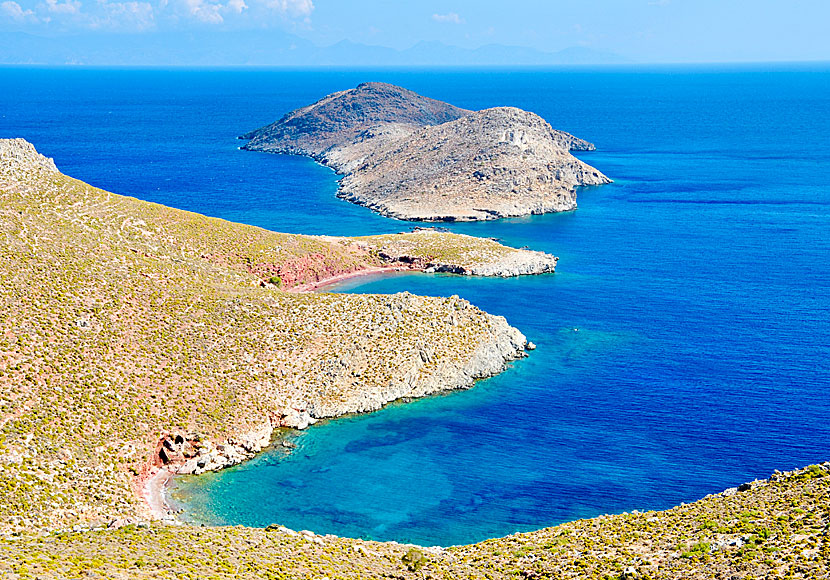 Red beach och åsnornas ö Gaidaros på Tilos.