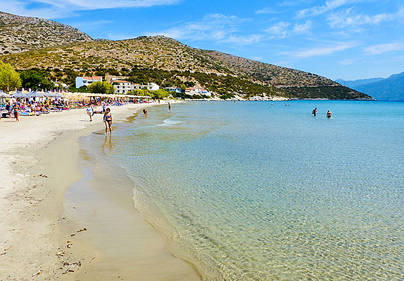 Den barnvärnliga sandstranden Psili Amos beach 1 på Samos i Grekland.