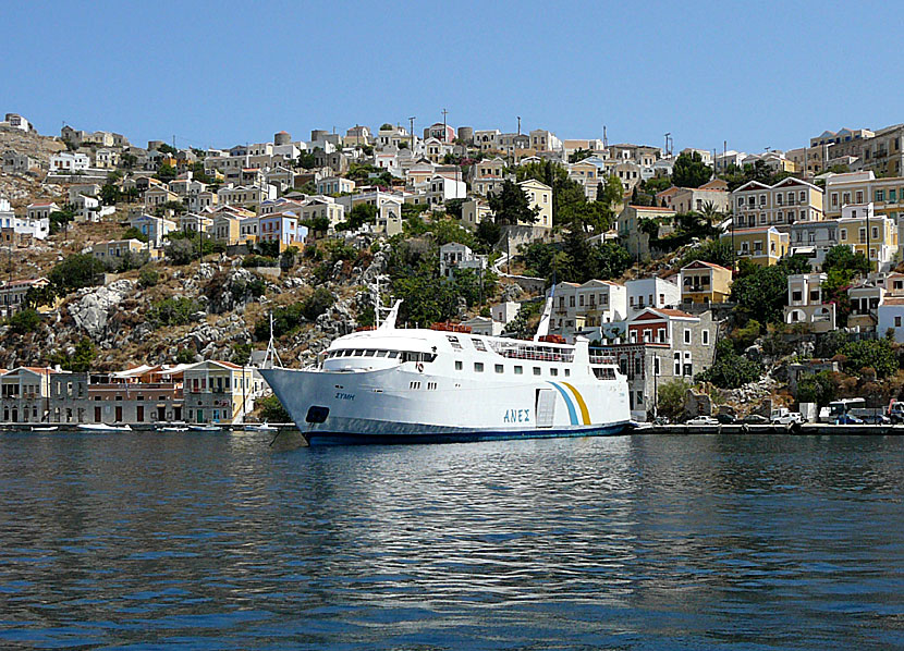 Greek ferries, boats and catamarans. Symi. Gialos port. 