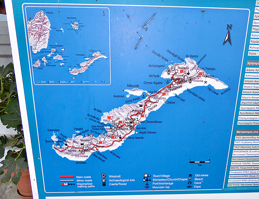 Karta över Amorgos i Kykladerna.
