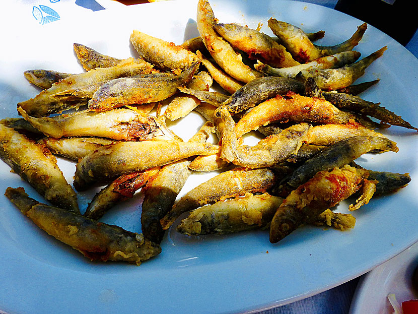 Smårätter från Grekland. Små friterade fiskar (small fish) - Tiganites - ätes hela med ben och allt. 