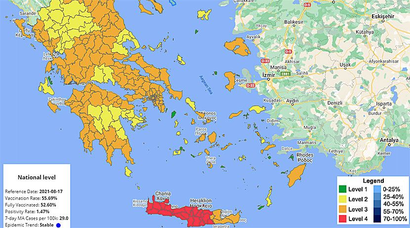 Karta över Grekland där man ser antal fall av Covid-19.  