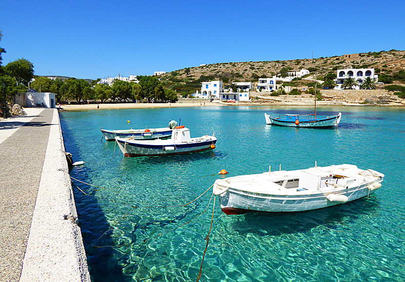 Den lilla småbåtshamnen och stranden i Agios Georgios.
