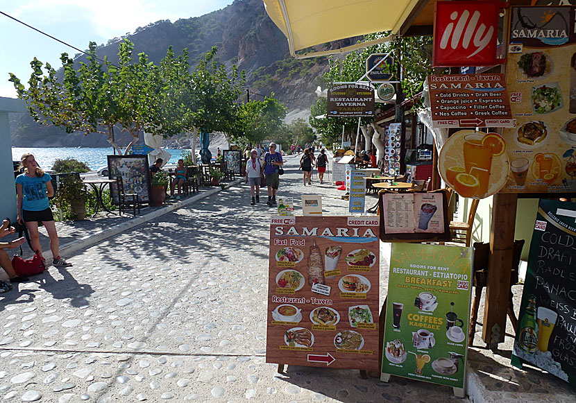 Hotell, pensionat, tavernor och restauranger längs strandpromenaden i Agia Roumeli.