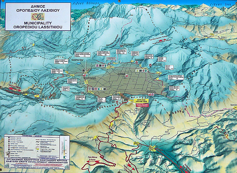 Karta över Lasithiplatån på östra Kreta.