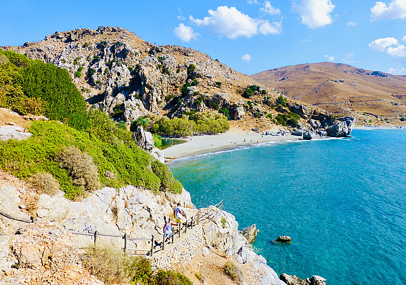 Palmstränderna Preveli och Ammoudi nära Plakias på södra Kreta. 