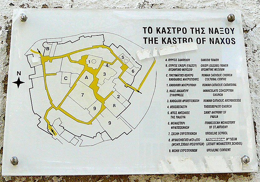 Karta över Kastro och Naxos stad i Kykladerna.
