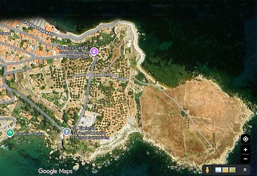 Karta över byn Koroni och Castle of Koroni.