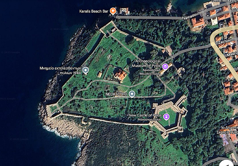 Karta över Niokastro i Pylos på Peloponnesos. 