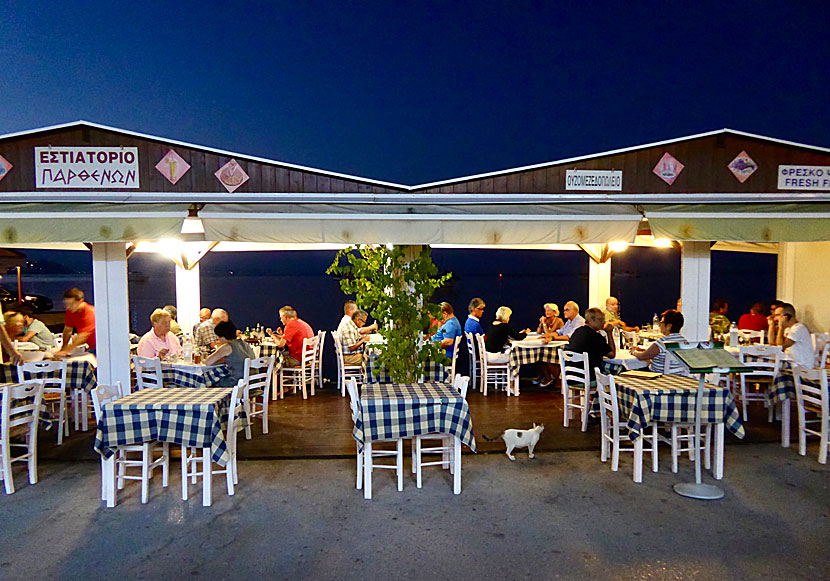 En av de många bra tavernor längs med hamnpromenaden i Koroni.