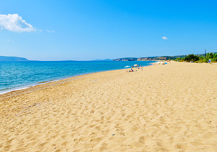 Den långa fina sandstranden Mavrovouni beach nära Finikounda.