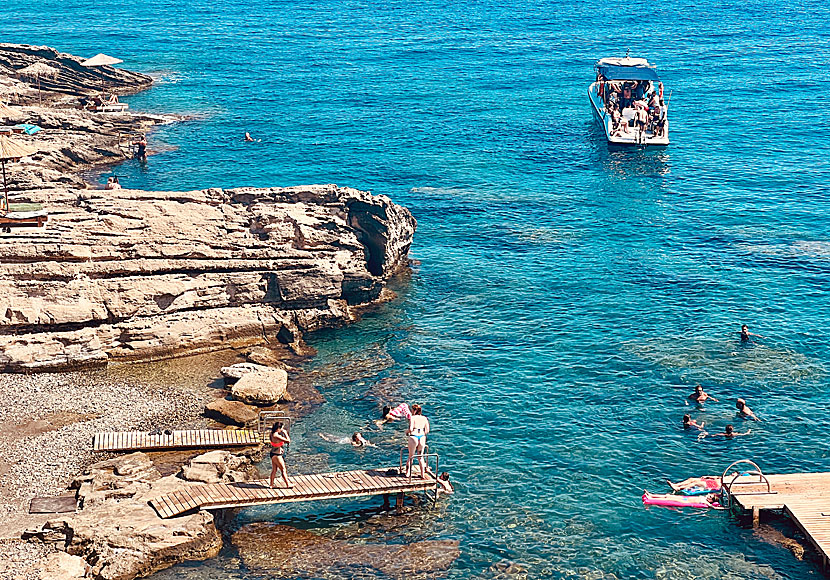 Vattnet och klipporna som omger Oasis beach på Rhodos är perfekt för dig som gillar att snorkla.