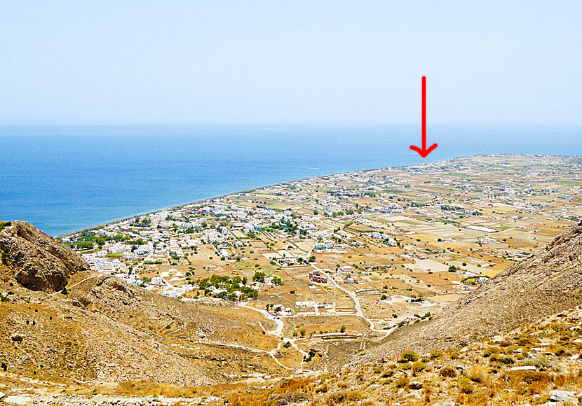 Stränderna Perissa, Perivolos och Agios Georgios på Santorini.