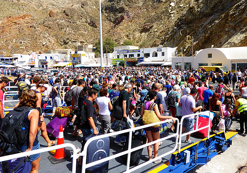 The port Athinios in Santorini during high season.