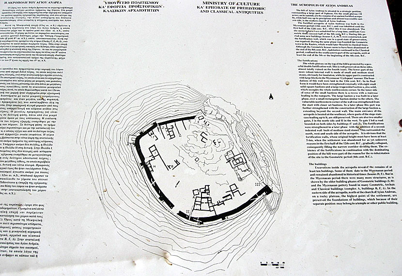 Karta och informationsskylt om de arkeologiska utgrävningarna i Agios Andreas på Sifnos.