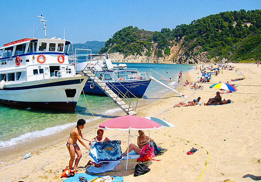 Till Megalos Aselinos beach kan du åka bad- och utflyktsbåt från hamnen i Skiathos stad.