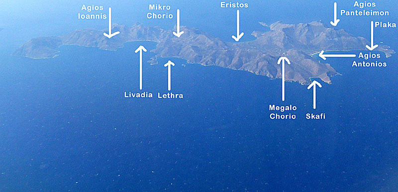 Karta över Tilos i Grekland.