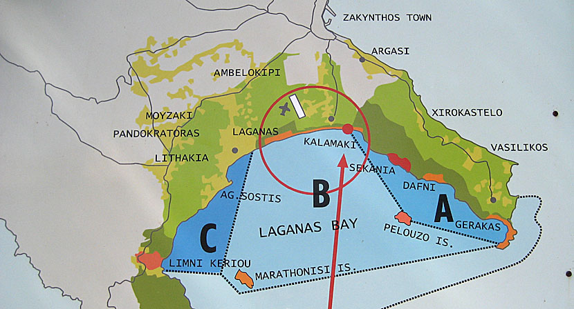 Karta över Kalamaki, Argassis och Laganas på Zakynthos.