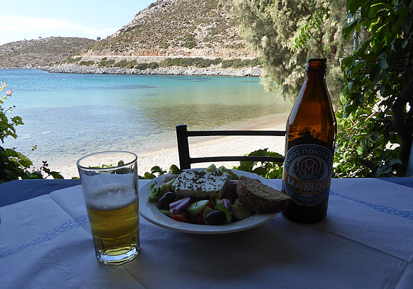 The Greek beer Mamos an a Greek salad from Agathonissi.  
