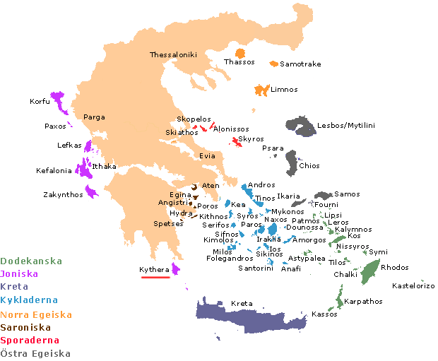 Karta över Grekland. Kythera.