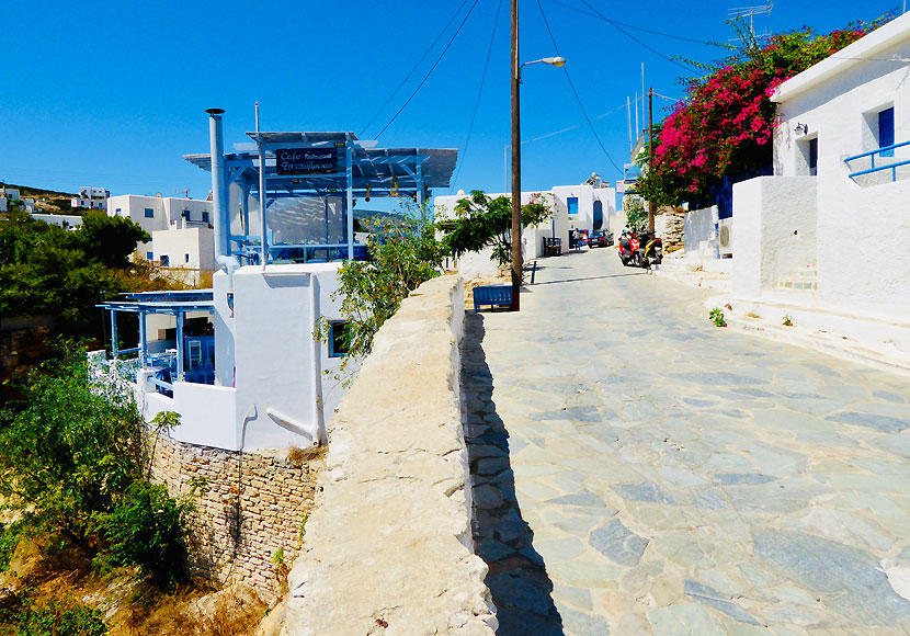 Affärer och restauranger i hamnen Agios Georgios på Iraklia i Kykladerna.