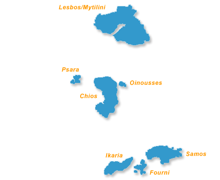 Karta över Östra Egeiska öarna i Grekland.